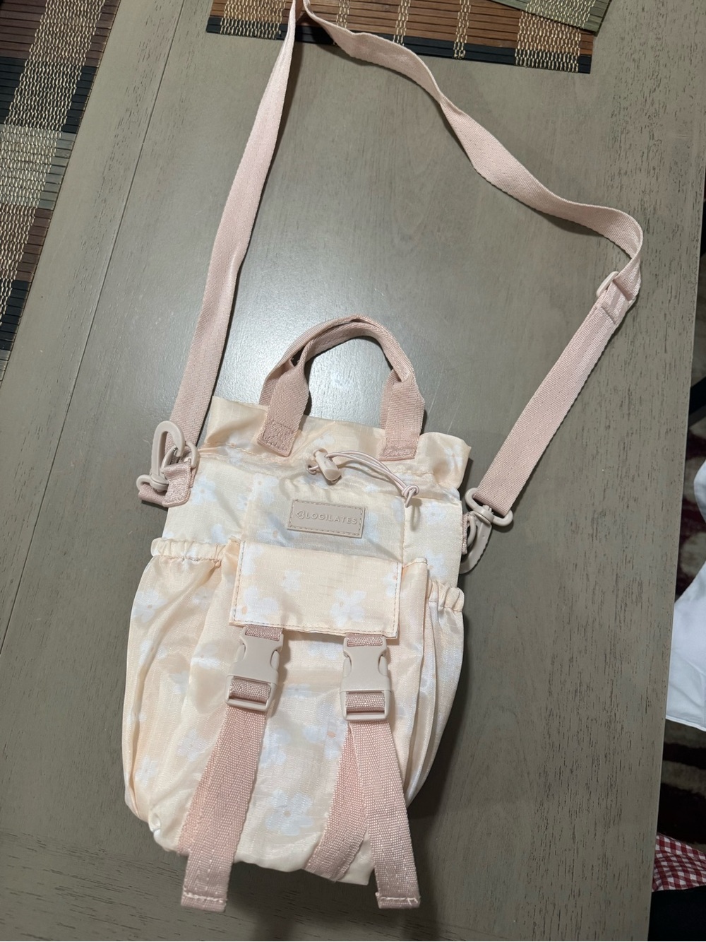 Canvas Mini Crossbody water bottle  Bag - Pale Pink Floral